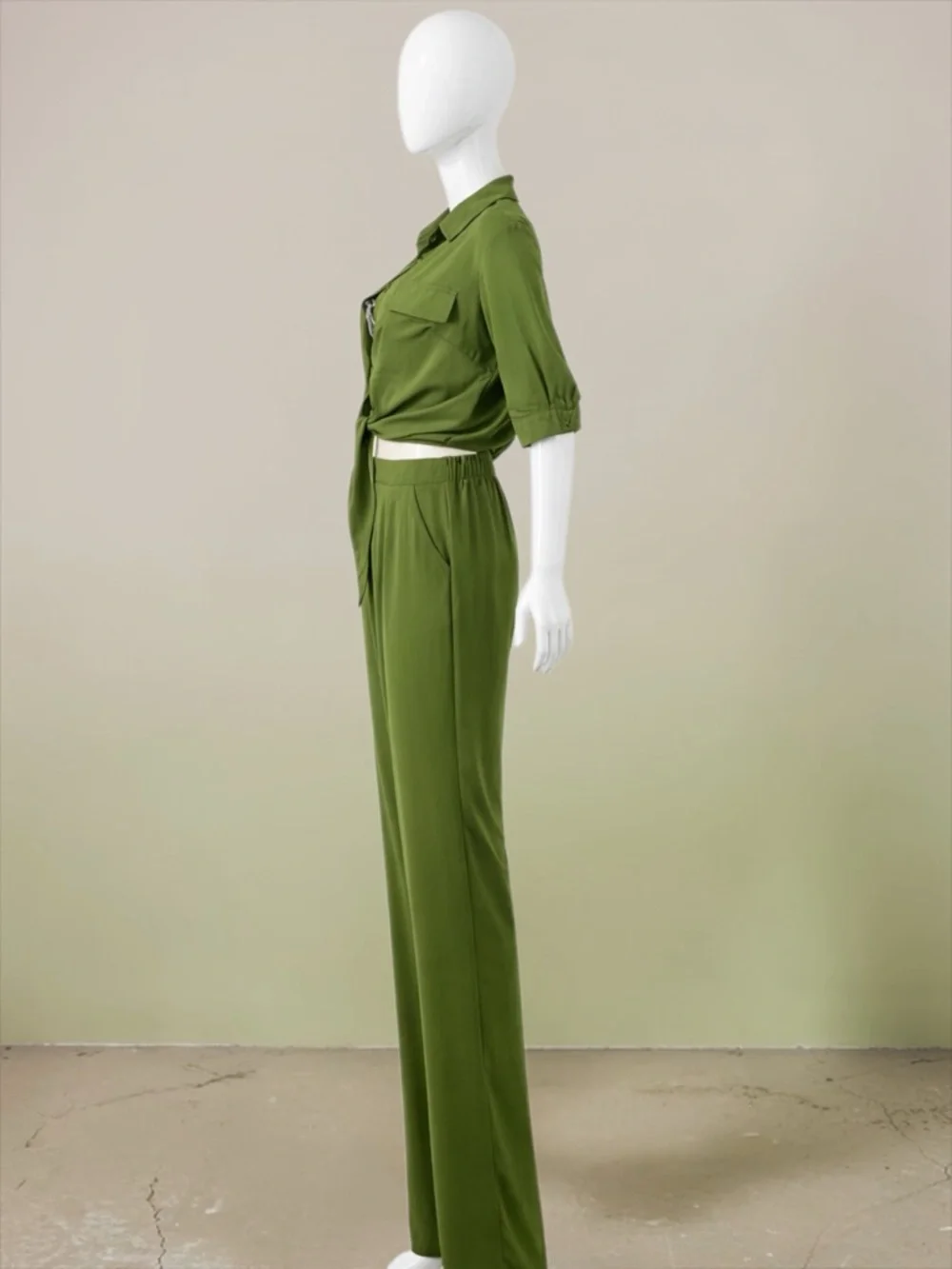 Women's Olive Green Tie-Front Jumpsuit